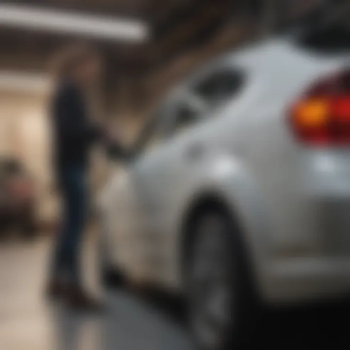 Person examining a used car's exterior for detailed assessment