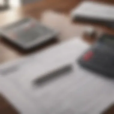 A close-up of mortgage documents with a calculator and pen on a desk.