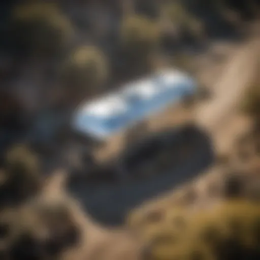 Aerial view of a beautiful Airstream trailer parked in a scenic location