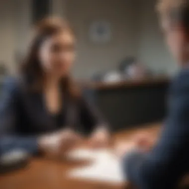 A bank representative discussing options with a client in an office setting.