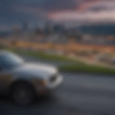 A scenic view of Pittsburgh with a car dealership in the foreground