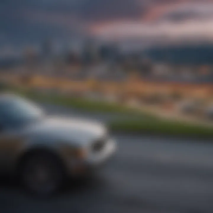 A scenic view of Pittsburgh with a car dealership in the foreground