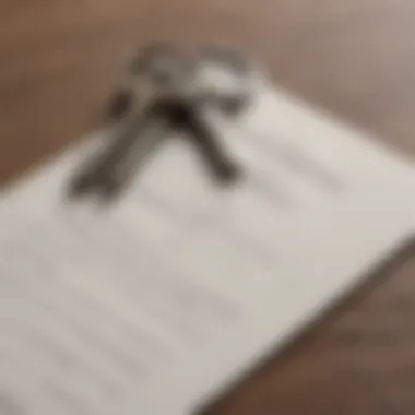 A close-up of a house key and a legal document