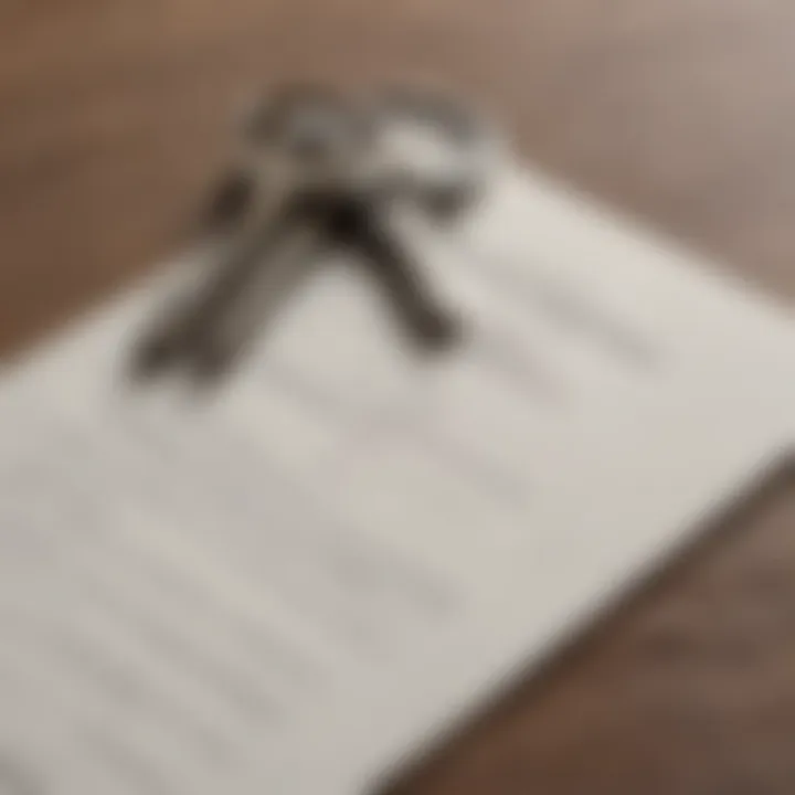 A close-up of a house key and a legal document