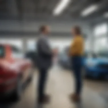 A customer receiving their car appraisal from a CarMax representative.