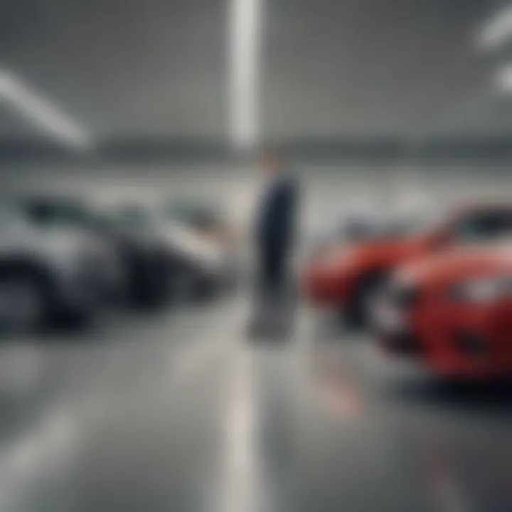 A person contemplating their options at a dealership, looking at various vehicles.