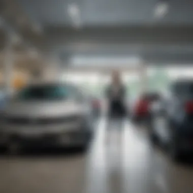 A customer examining a car in a dealership, highlighting the personal touch in off-lease vehicle transactions.