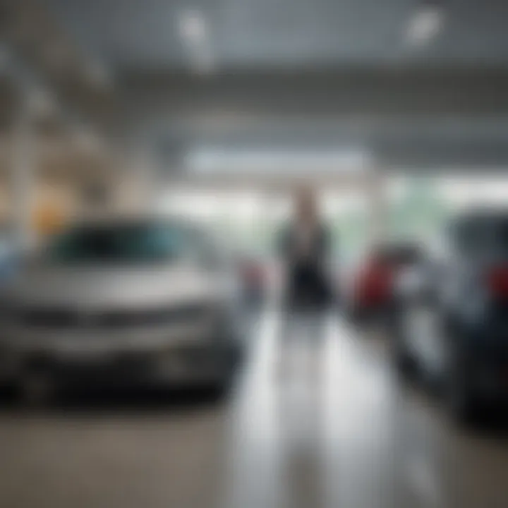 A customer examining a car in a dealership, highlighting the personal touch in off-lease vehicle transactions.