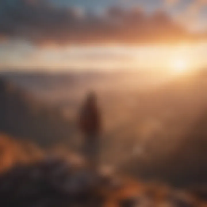 Stunning aerial view of a traveler overlooking a vast landscape during sunrise