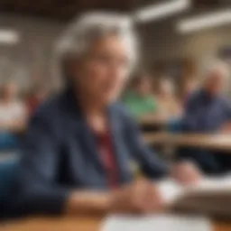 Senior citizen engaging in a classroom setting with textbooks and a computer.