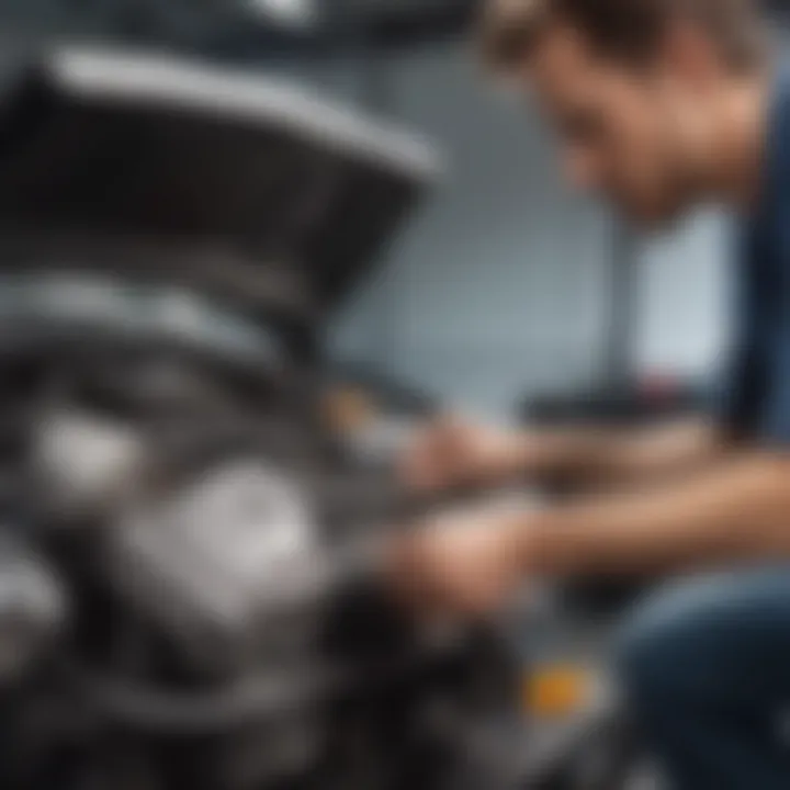 A person inspecting a used car engine, emphasizing the importance of thorough evaluations before purchasing.