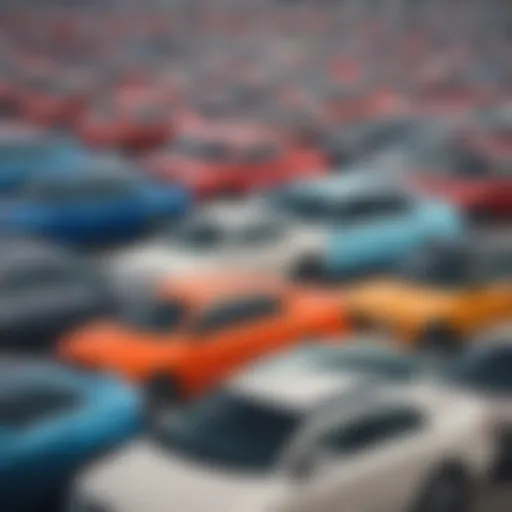 A diverse selection of used cars in a dealership lot, showcasing various models and colors.