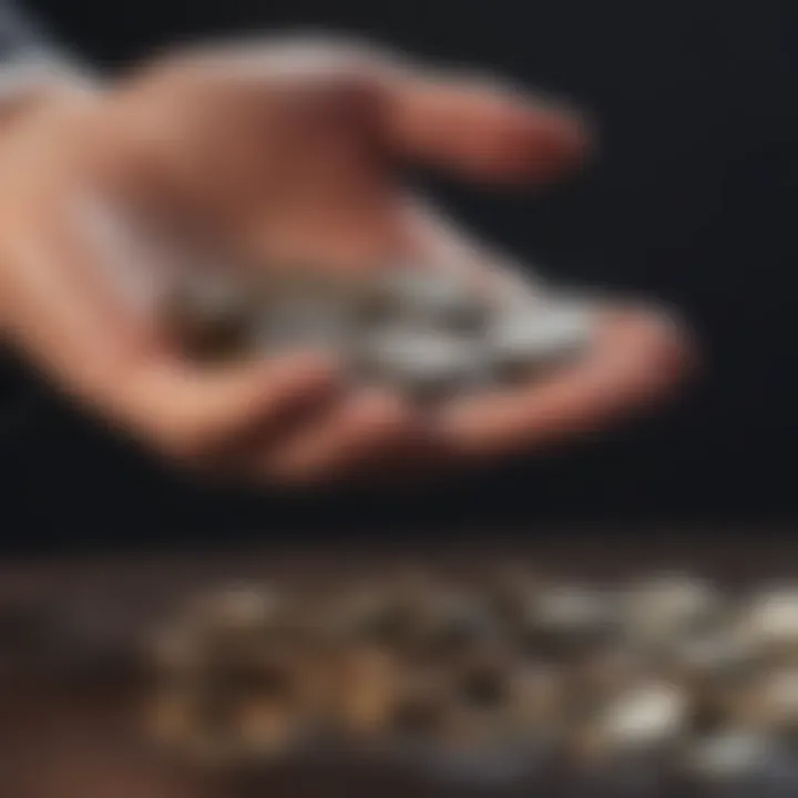 A close-up of a hand holding a handful of coins.