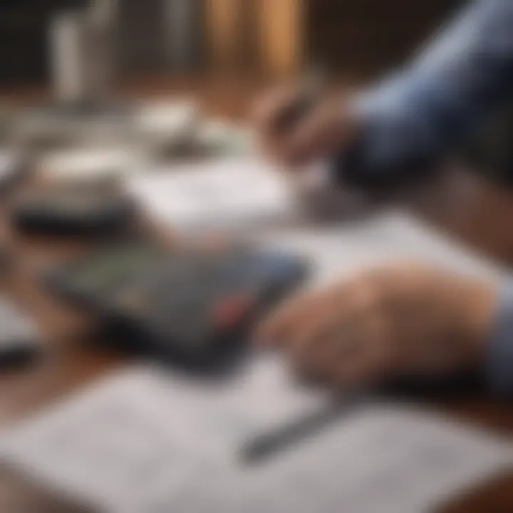 A person analyzing financial documents with a calculator on a desk.