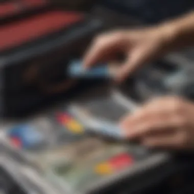 Traveler packing luggage with credit cards in hand