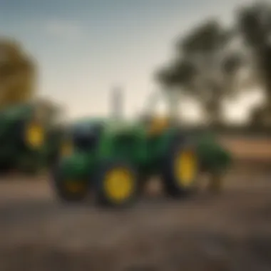 A variety of John Deere equipment available for lease displayed at a dealership.