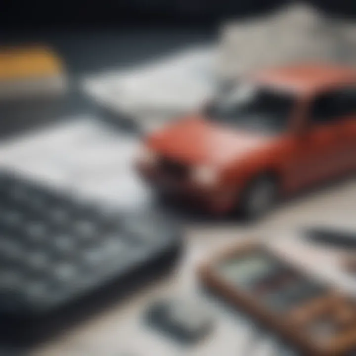 A calculator and financing documents spread out, representing financial considerations of trading in a car.