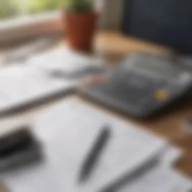 A close-up of a financial planner's desk with documents, calculators, and savings jars illustrating the financial preparation for home buying.