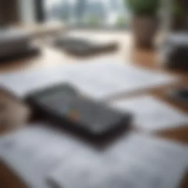 A stack of financial documents and a calculator on a desk