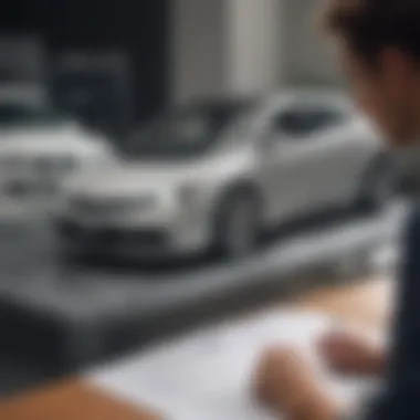 A car buyer reviewing documents with highlighted invoice price.