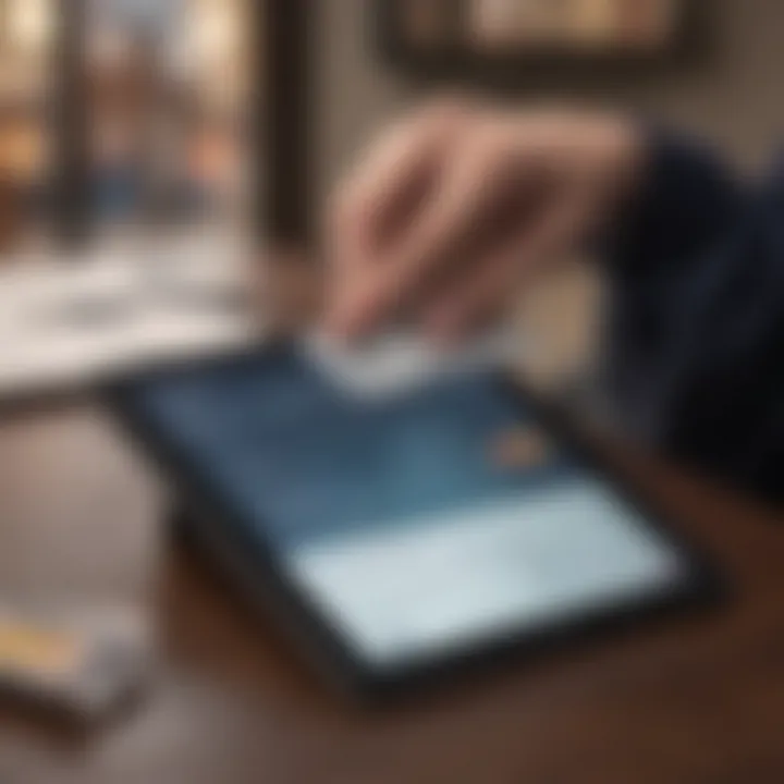 A close-up of a person reviewing credit card statements on a tablet.