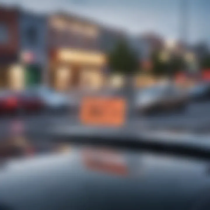 A close-up of a price tag on a car's windshield with market trends background.