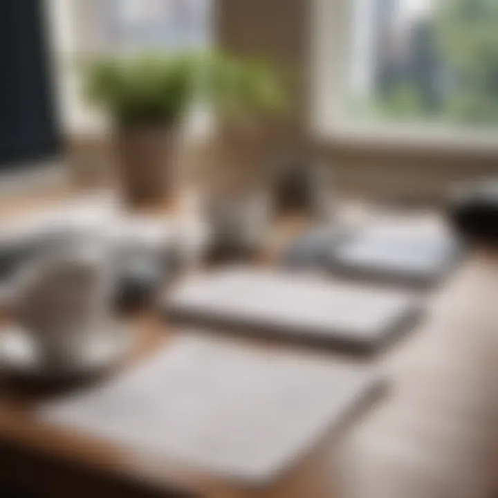 An elegant desk with a laptop, application documents, and a cup of coffee, symbolizing the focused preparation for an MBA application.