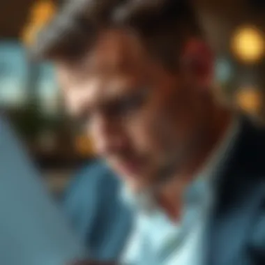 A close-up of a business owner analyzing investment proposals with a thoughtful expression