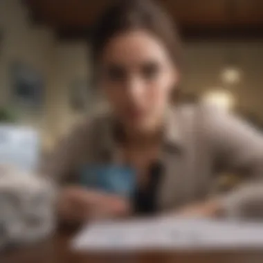 A person contemplating at a desk surrounded by bills and notices.