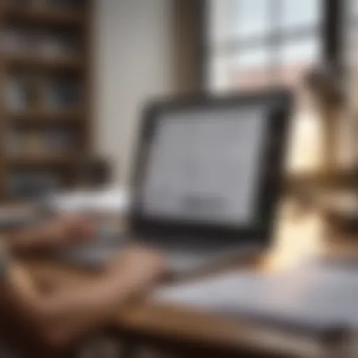 An organized workspace with a laptop, notebook, and pen, symbolizing the drafting of a credit report letter.