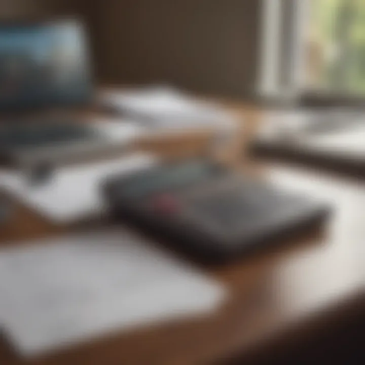 A financial planner's desk with mortgage documents and calculators.