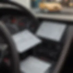 A close-up of a used car dashboard with financing paperwork laid out