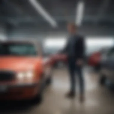 A satisfied customer inspecting a used car in a dealership