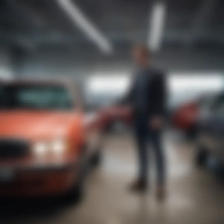 A satisfied customer inspecting a used car in a dealership