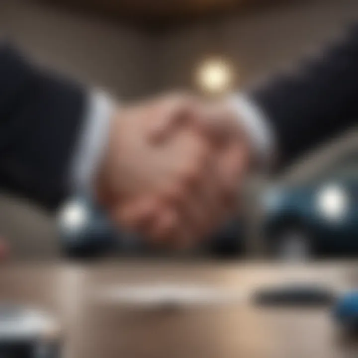 Close-up of a hand shaking between a buyer and a dealer