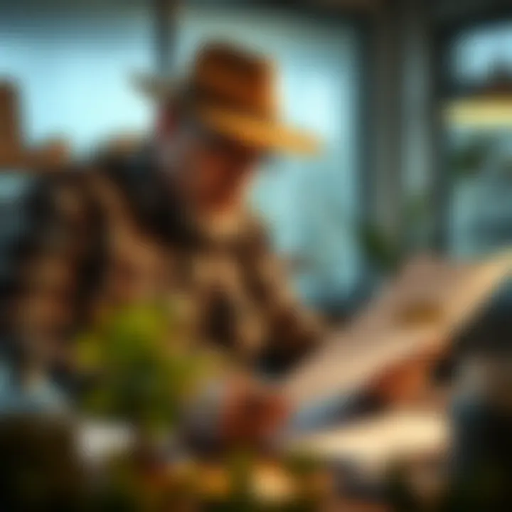 Financial Document Review A farmer reviewing financial documents in an office