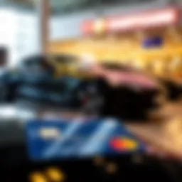 A sleek used car showcased at a dealership with a credit card symbol in the foreground
