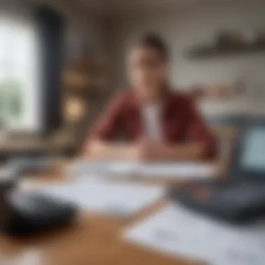 A thoughtful individual analyzing financial reports with a calculator and laptop.