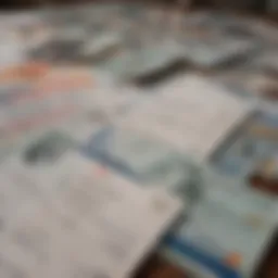 A diverse group of financial documents and identification cards laid out on a table.