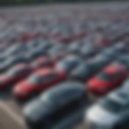 A collection of off-lease vehicles in an expansive dealership lot, showcasing various makes and models.