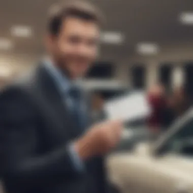 A satisfied seller receiving a check from the dealership.