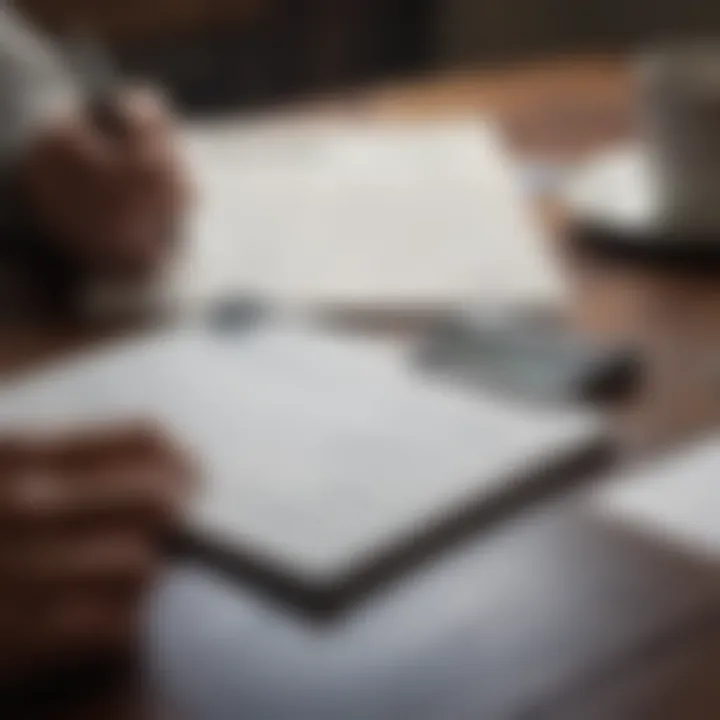 An individual reviewing a credit report with a pen and notepad on a desk.