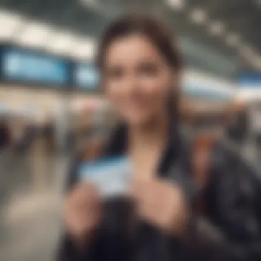 A traveler happily using a travel card at an airport