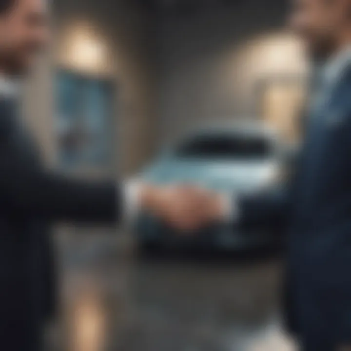 A cheerful handshake between two parties finalizing a car sale