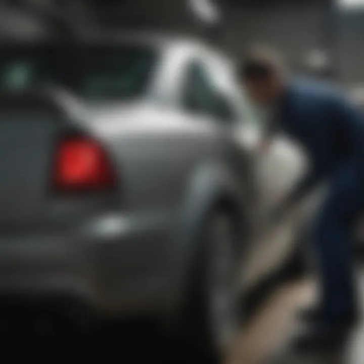 A professional technician at work painting a car fender in a workshop