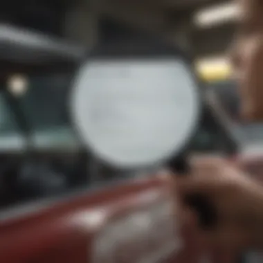 A consumer examining a vehicle price list with a magnifying glass