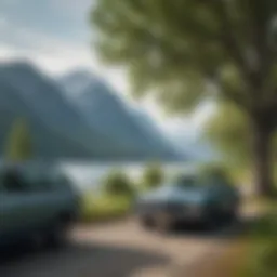 A scenic view of an Alaskan landscape with a car parked under a tree