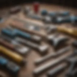 A close-up view of property maintenance tools laid out on a wooden surface.