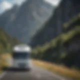 An RV transporter driving through scenic landscapes