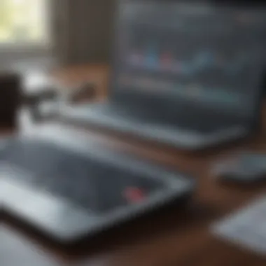 An open laptop displaying financial graphs and a calculator on a desk.